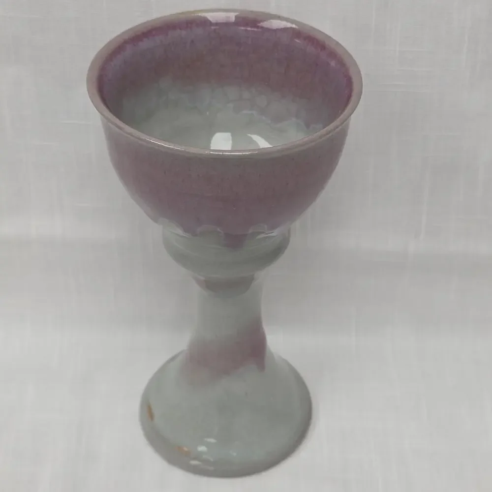 Handcrafted Studio Art Pottery Goblet Purple Gray Drip Glaze Ceramic Chalice Dec